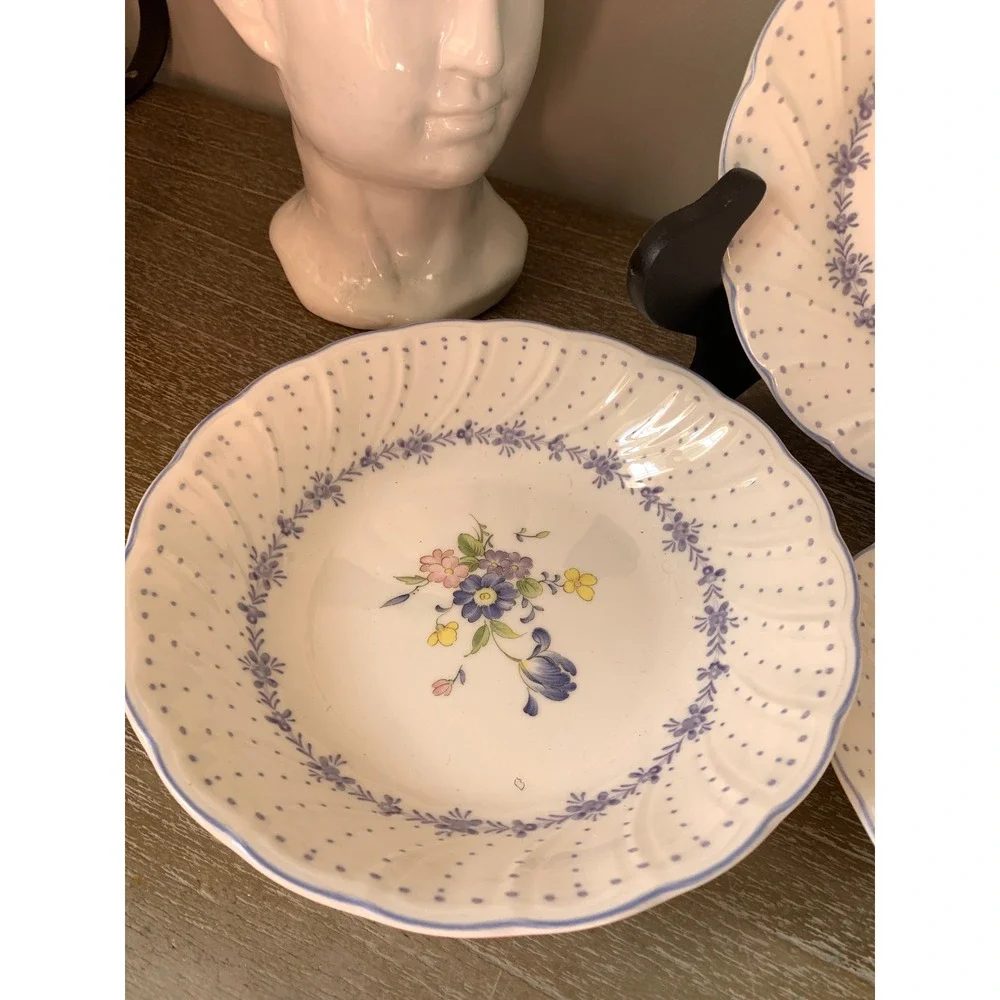 Nikko Blue Floral Polka Dot Porcelain Dinnerware 4pc Cottagecore Scalloped Rim